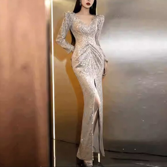 Glam Ruched Sequin Maxi Evening Dress - Picture 6 of 6